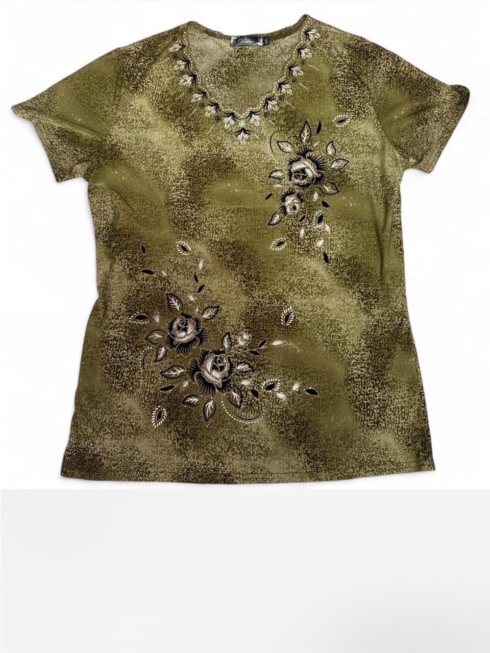 Green Floral Embroidered V-Neck Women’s Top